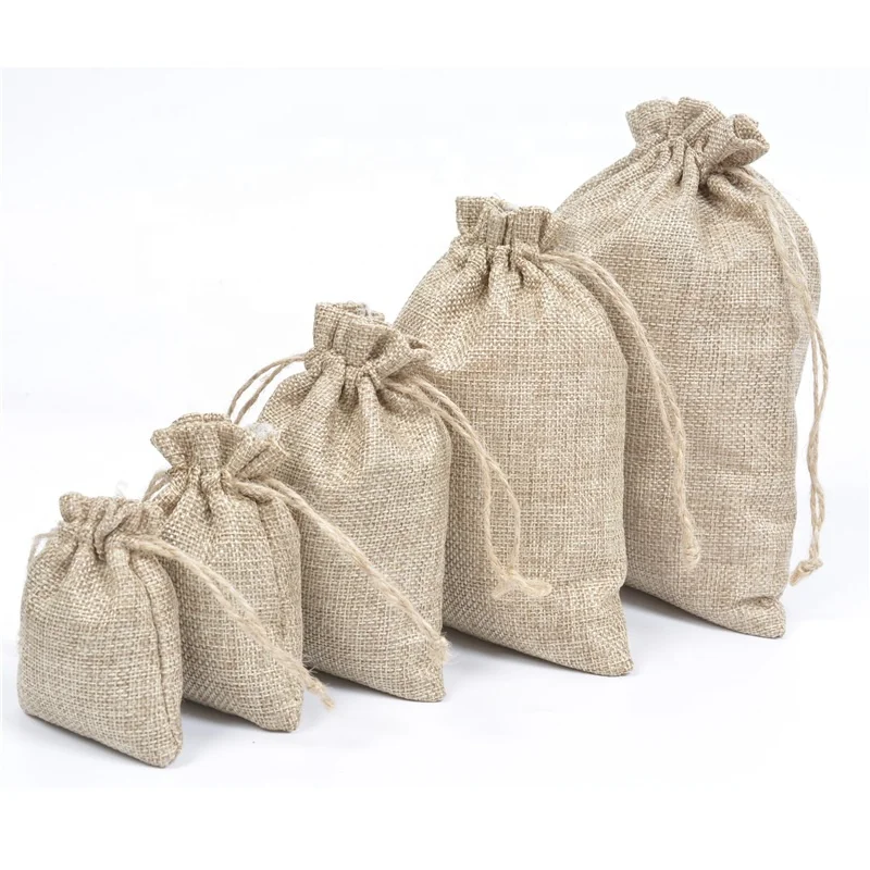 10 sizes on stock plain organic Jute pouch linen bag small reusable hemp drawstring bags