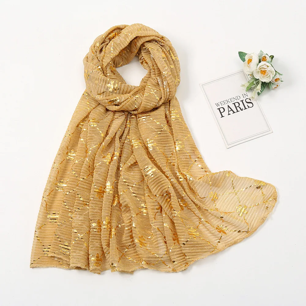 Wholesale Shiny Solid Color Hot Sequined Scarf for Muslim Women Jersey Fashion Cotton-Linen Mesh Ethnic Style for Summer