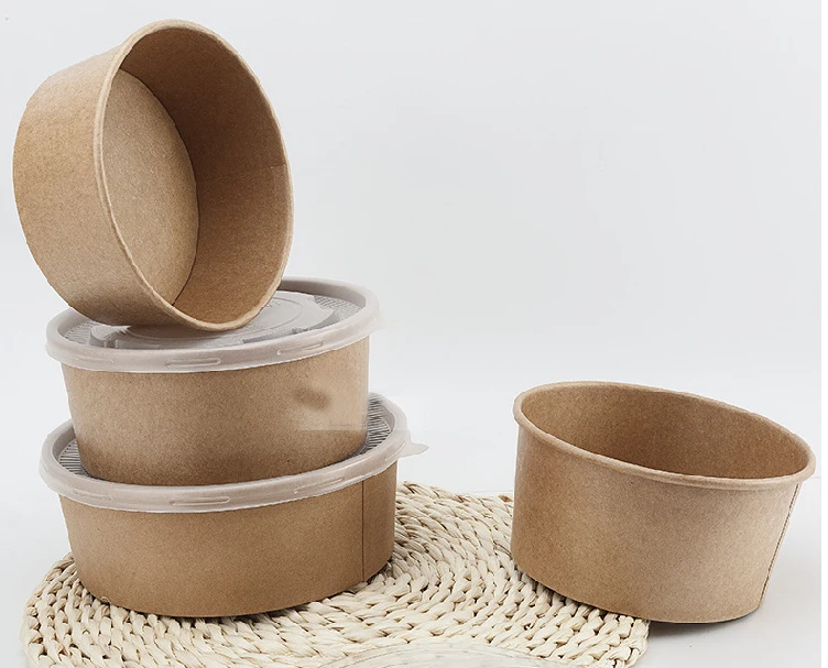 100% Eco Friendly Disposable Brown Kraft Paper Salad Bowl With Lid