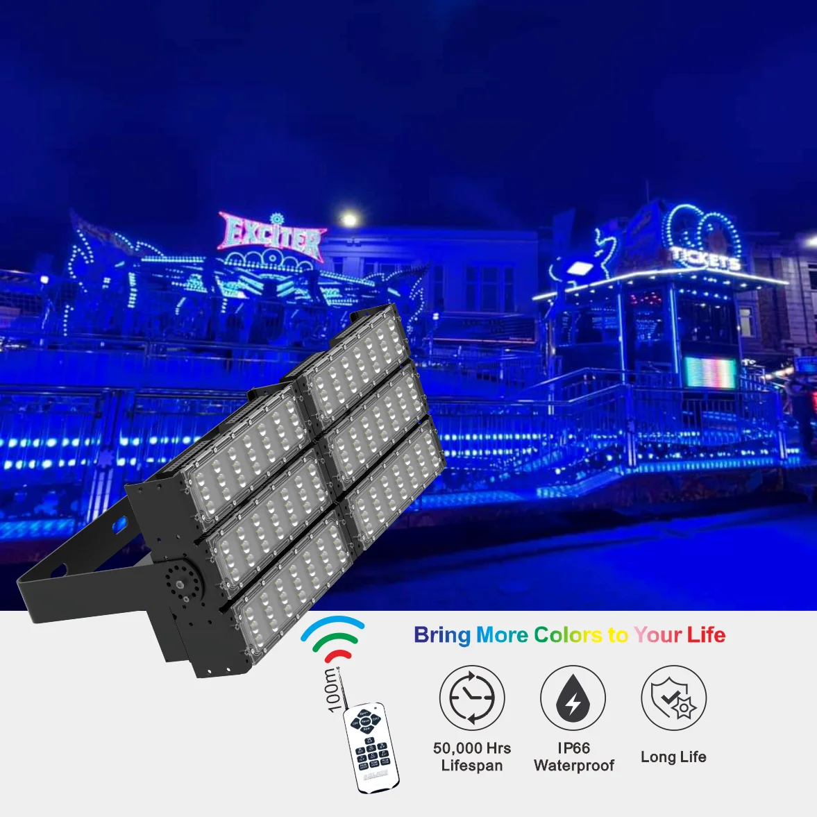 High Quality Remote Control 50W 100W 150W 200W 250W 300W 400W 500W IP65 Waterproof Outdoor Floodlight RGB LED Flood Light