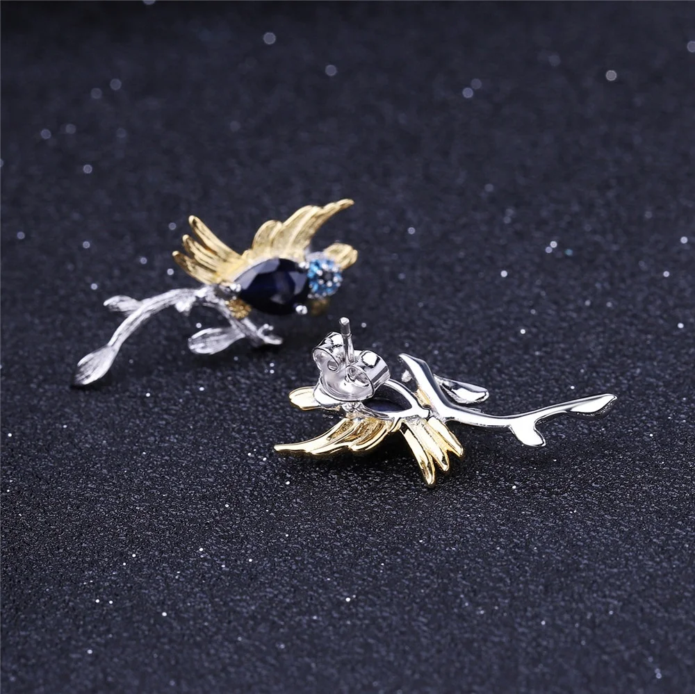 C7771 Abiding Cute Natural Blue Sapphire Gemstone 925 Sterling Silver Animal Bird Jewelry Set