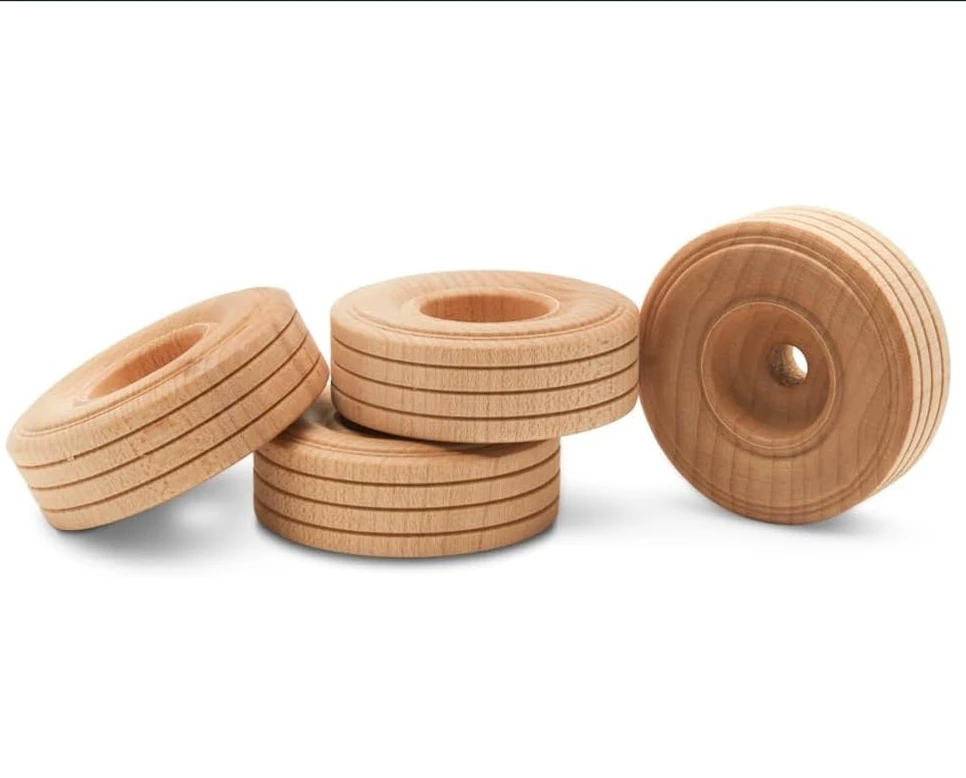 Mini Wood Wheels Treaded Style 1-3/4 inch Diameter 5/8 inch Thick Pack of 4 for Crafts and DIY Car Models