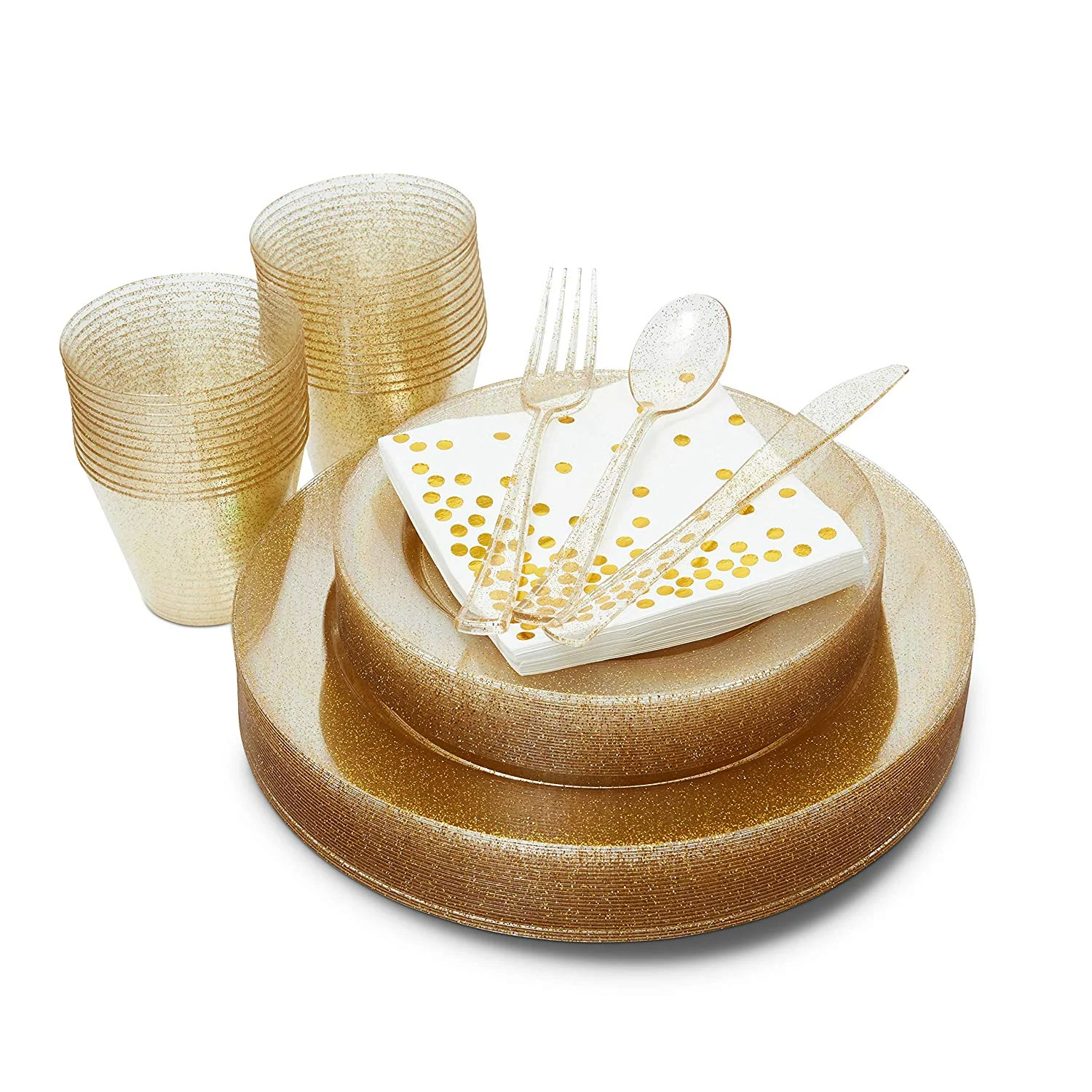 Gold Plates dinnerware set with Disposable Plastic Silverware,Gold Glitter Design Plastic Tableware sets