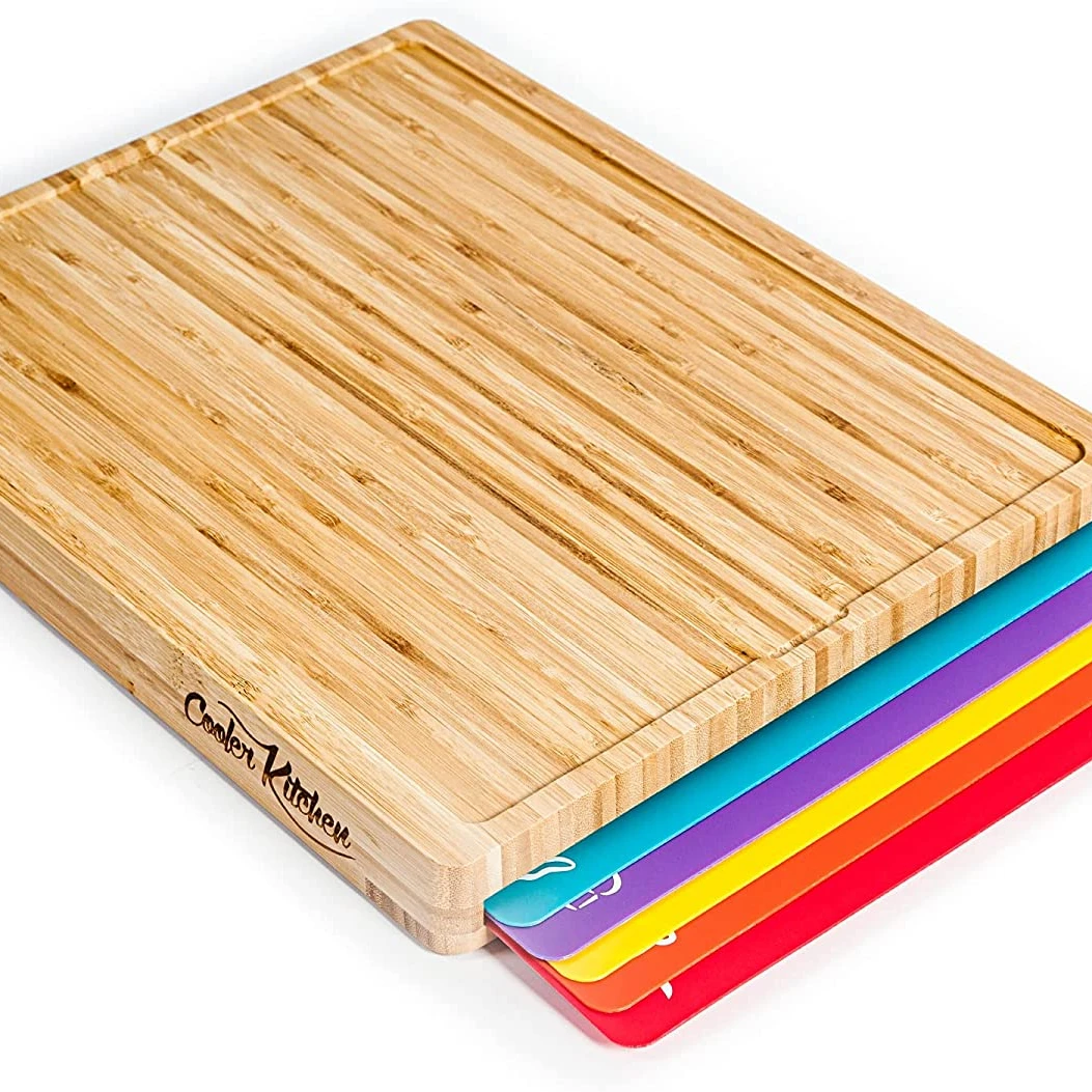 Easy-to-clean Bamboo Wood Wood Cutting Board Set With 6 Color-coded Flexible Cutting Mats