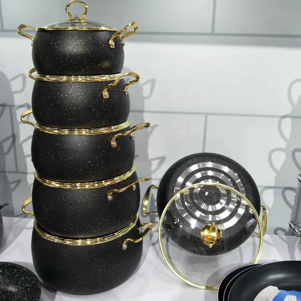 Gold Black Color Factory Customized Non-stick Belly Shape Aluminum Pot Set