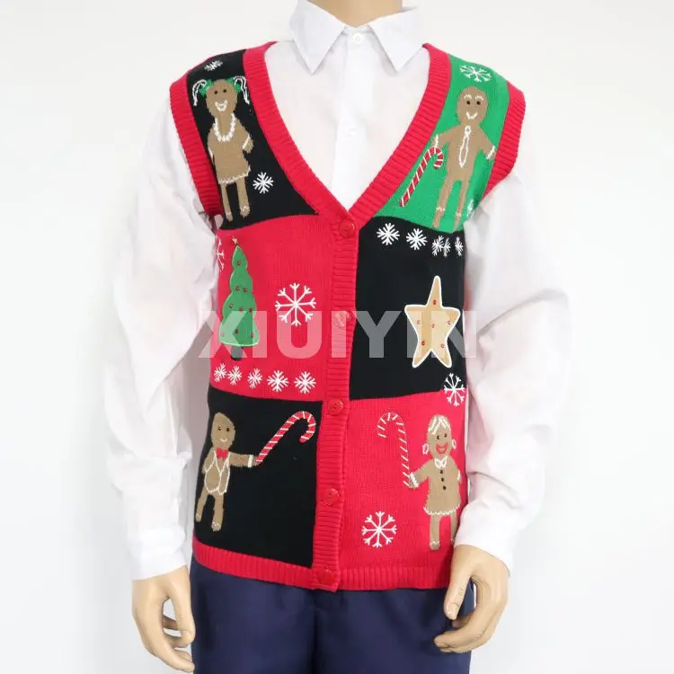 
Multi-Color ugly Christmas sweater Vest with pockets embroidered pattern Winter thick jacquard cardigan with buttons 