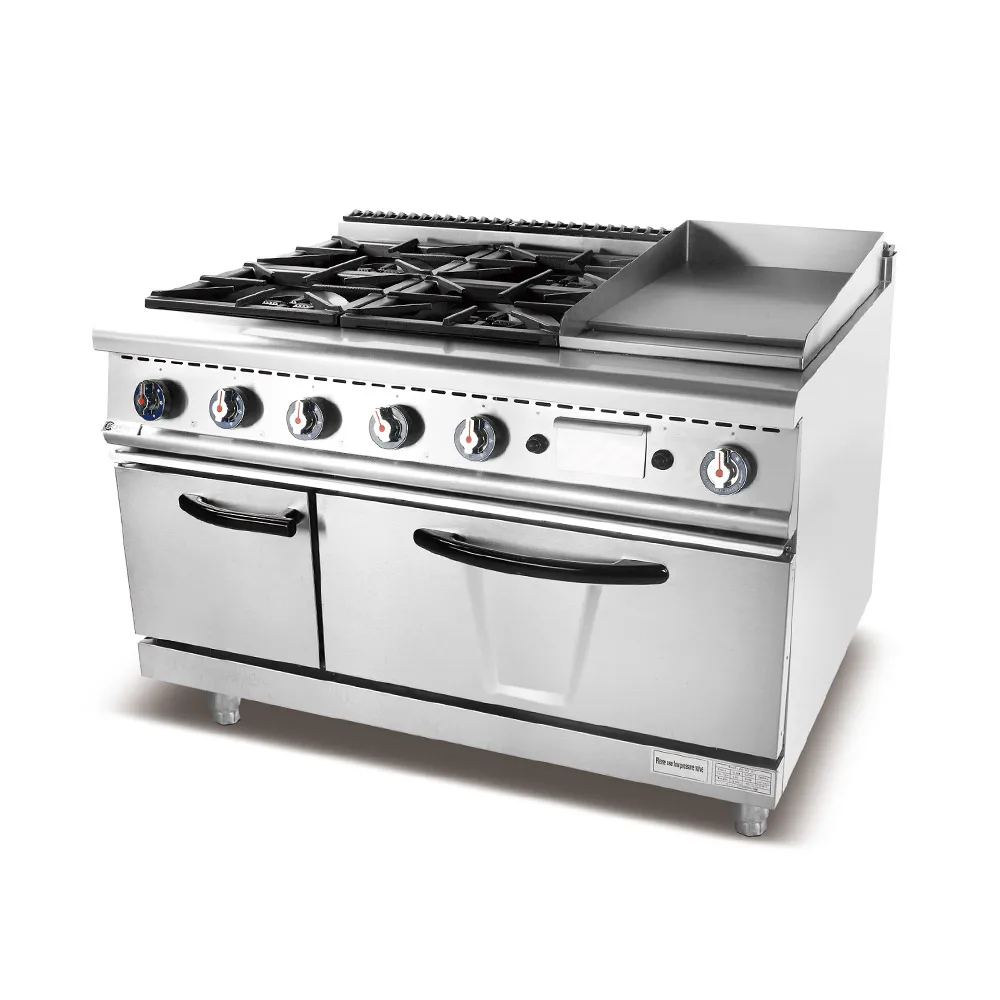 Commercial kitchen stainless steel gas range 4 burner stove with oven and griddle