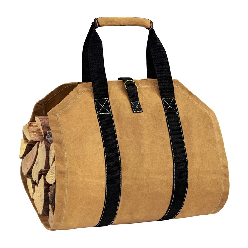 ODM OEM brown coffee color portable home fireplace canvas log tote bag firewood bag