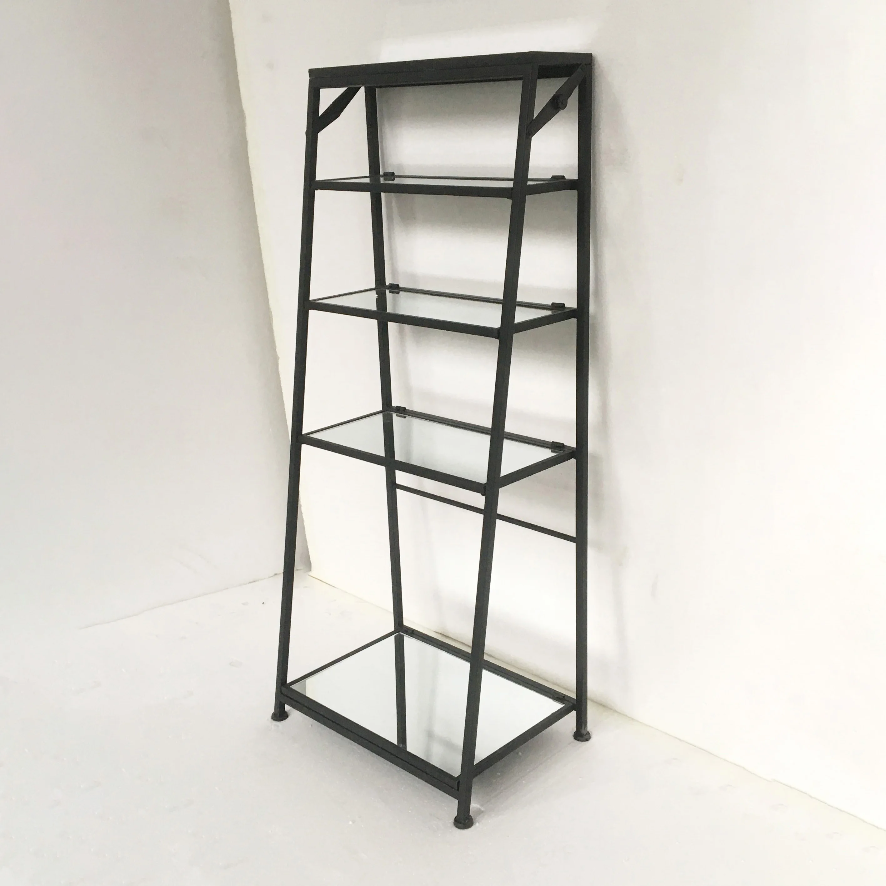 Sturdy 5-Tier Bookcase Powder-Coated Metal Frame Black Iron Glass Mirror Plate Shelves Ladder Folding Design Home Office Storage