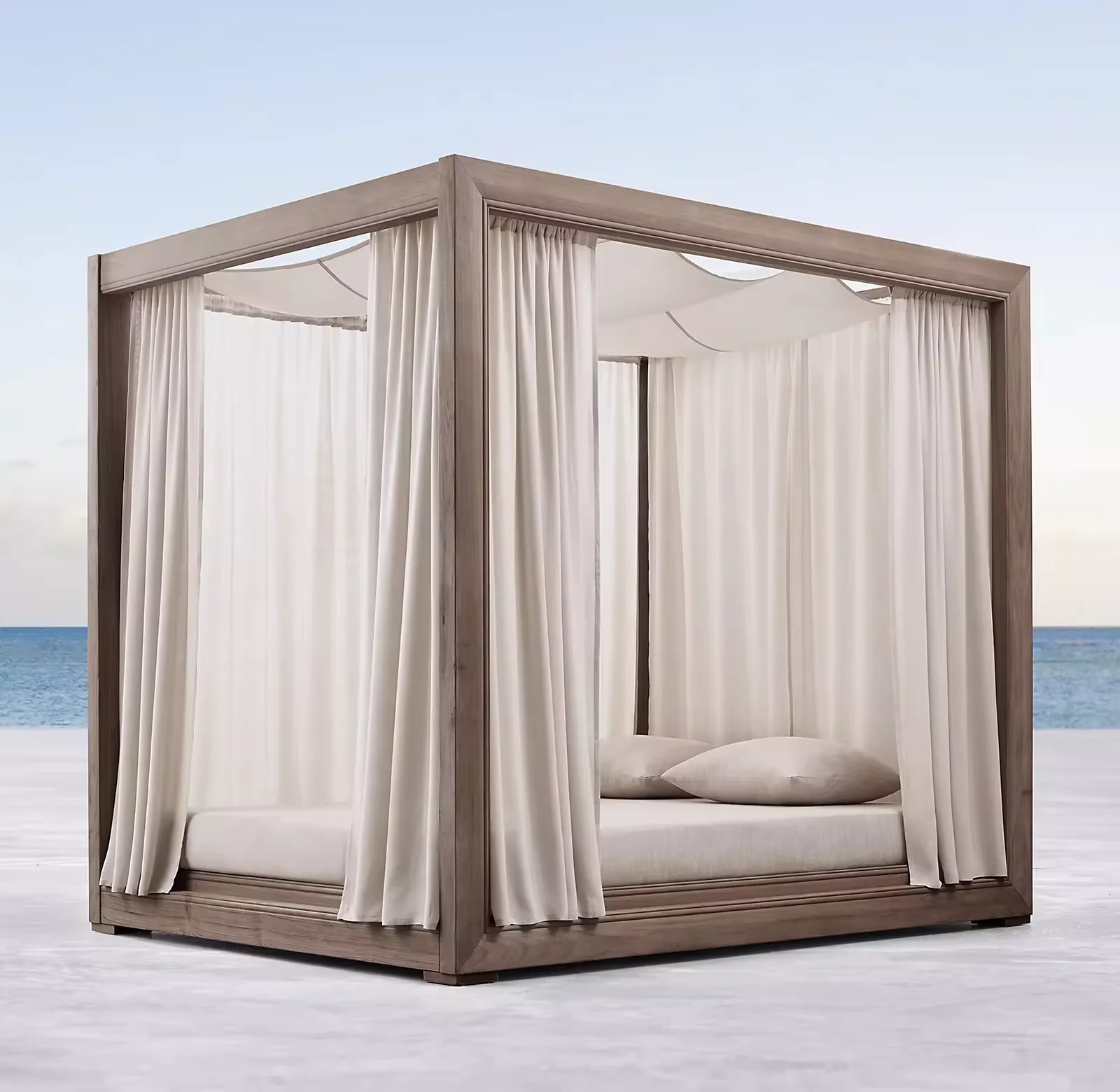 Hot Selling Teak Solid Outdoor Poolside Sea Beach Sun Lounger With Curtain Day Bed