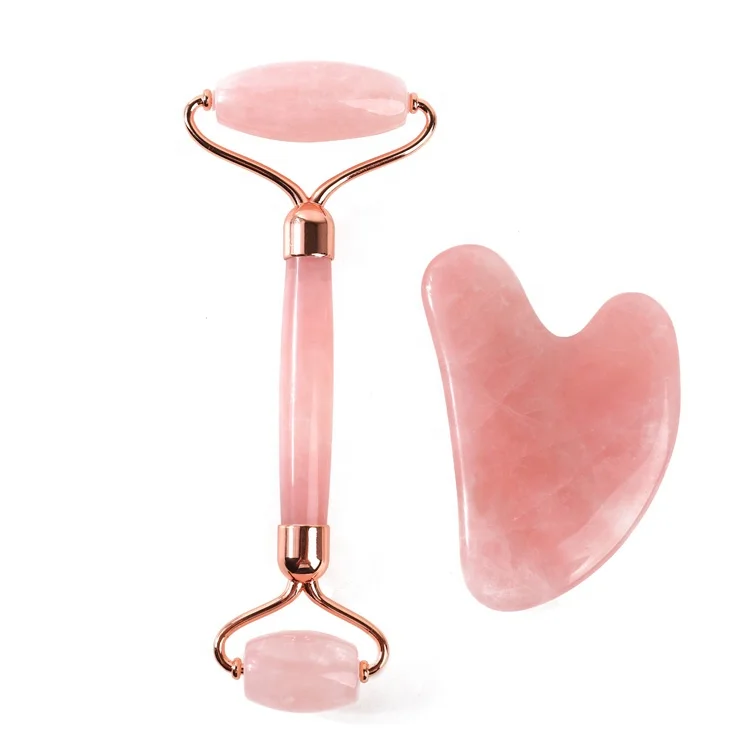 
2 In 1 Natural Crystal Facial Massager Gua Sha Set Custom Logo Rose Quartz Jade Roller For Face 