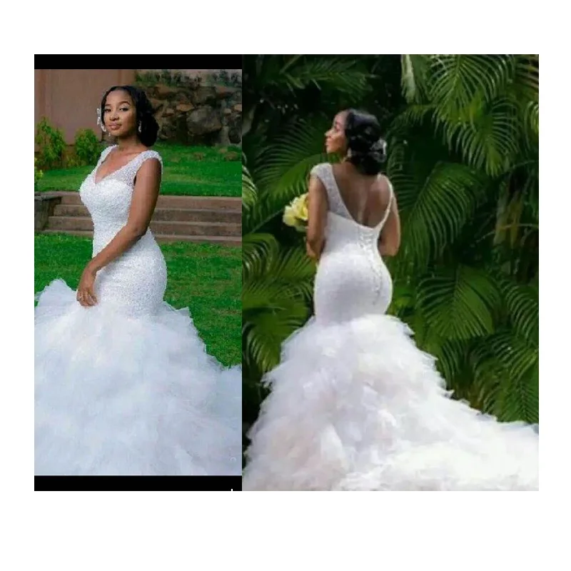 Настраиваемое Африканское свадебное платье с V-образным вырезом без рукавов с блестками оборками Русалка свадебное платье
