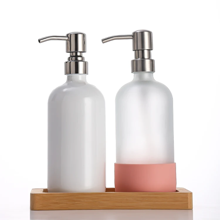 Wholesale 500ml Hand Lotion Soap Dispenser Glass Bottle Bathroom Accessory Set with Bamboo Pumps Tray