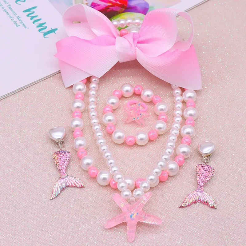 Kids Necklace Bracelet Ring Ear Clip Set Cute Starfish Necklace Girls Jewelry Set
