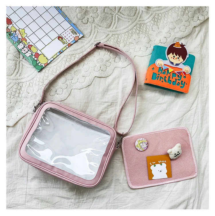 kwaii soft girl Messenger bag cute girl pu with insert shoulder transparent small square bag JK Baji pin ita bag