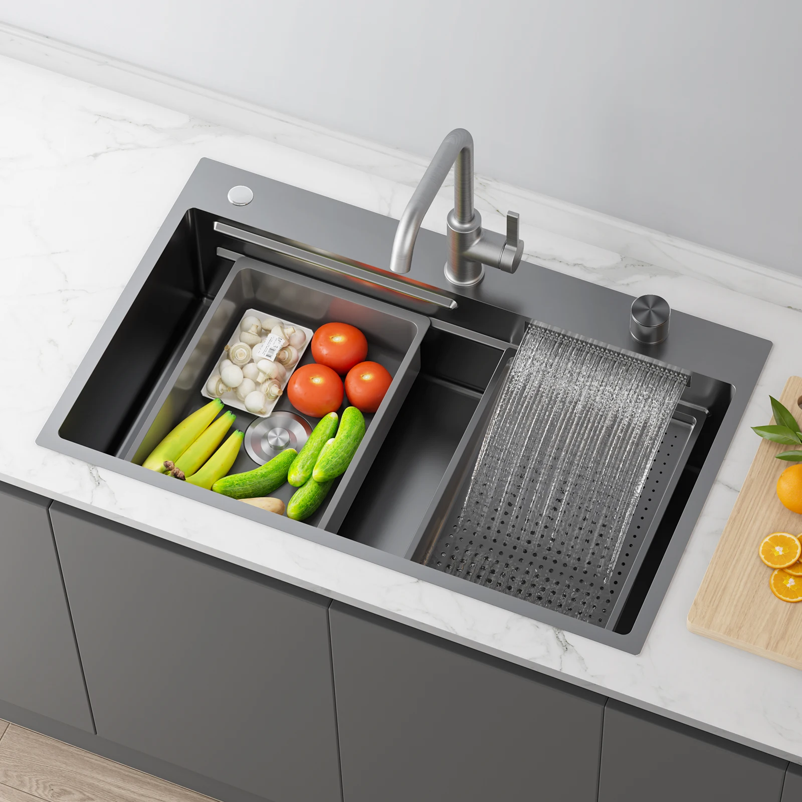 JOMOO Single Bowl Kitchen Sink Nano-coating Waterfall Faucet Anti-microbial Kitchen Sink Set 304 Stainless Steel 3mm Thickness