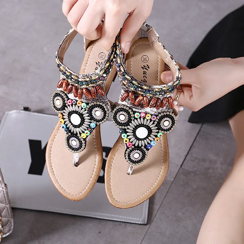 Сандалии женские в этническом стиле богемные удобные легкие тапочки плоская подошва летняя обувь с
