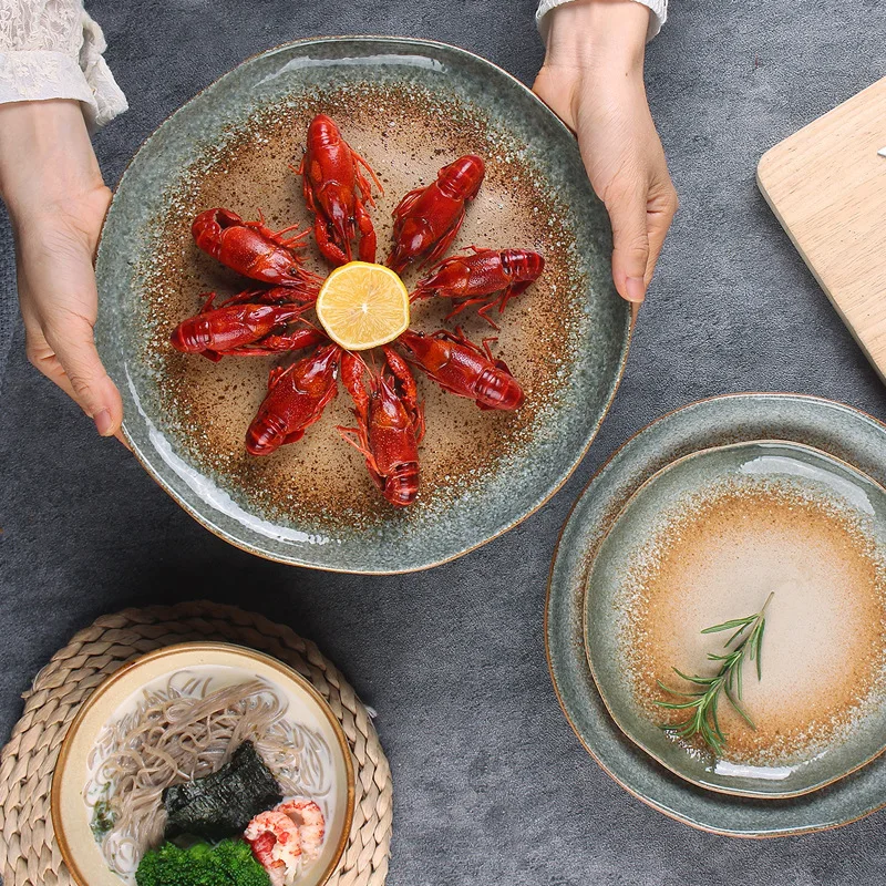 Ceramic Dinner Plates and Bowls Creative Japanese Retro Kiln Changed Tableware Dinnerware Set Plate