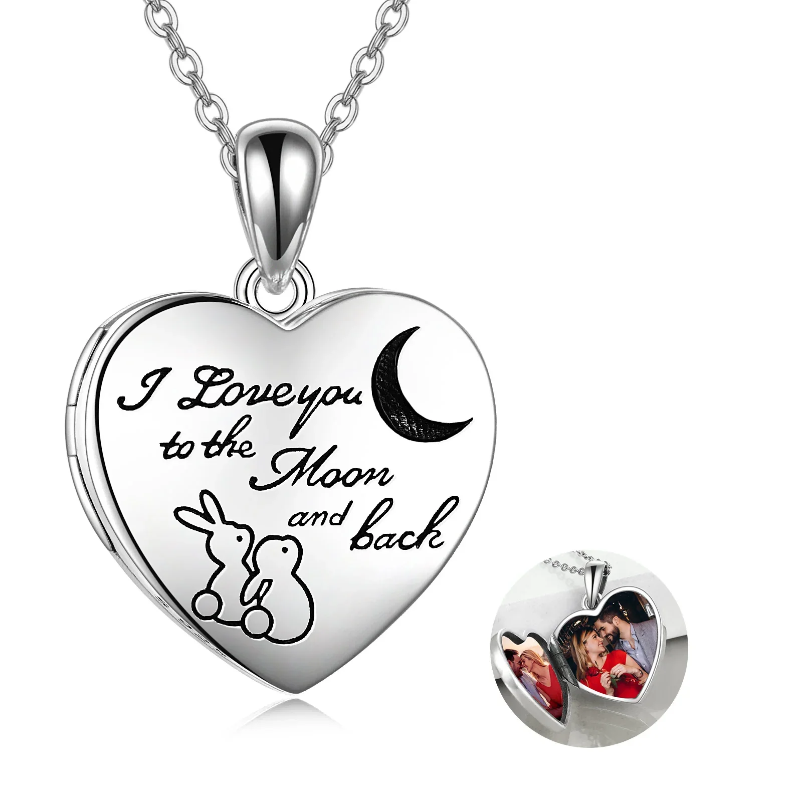 Fine Jewelry Gifts 925 Sterling Silver Engraved Rabbit Moon Heart Photo Locket Necklace
