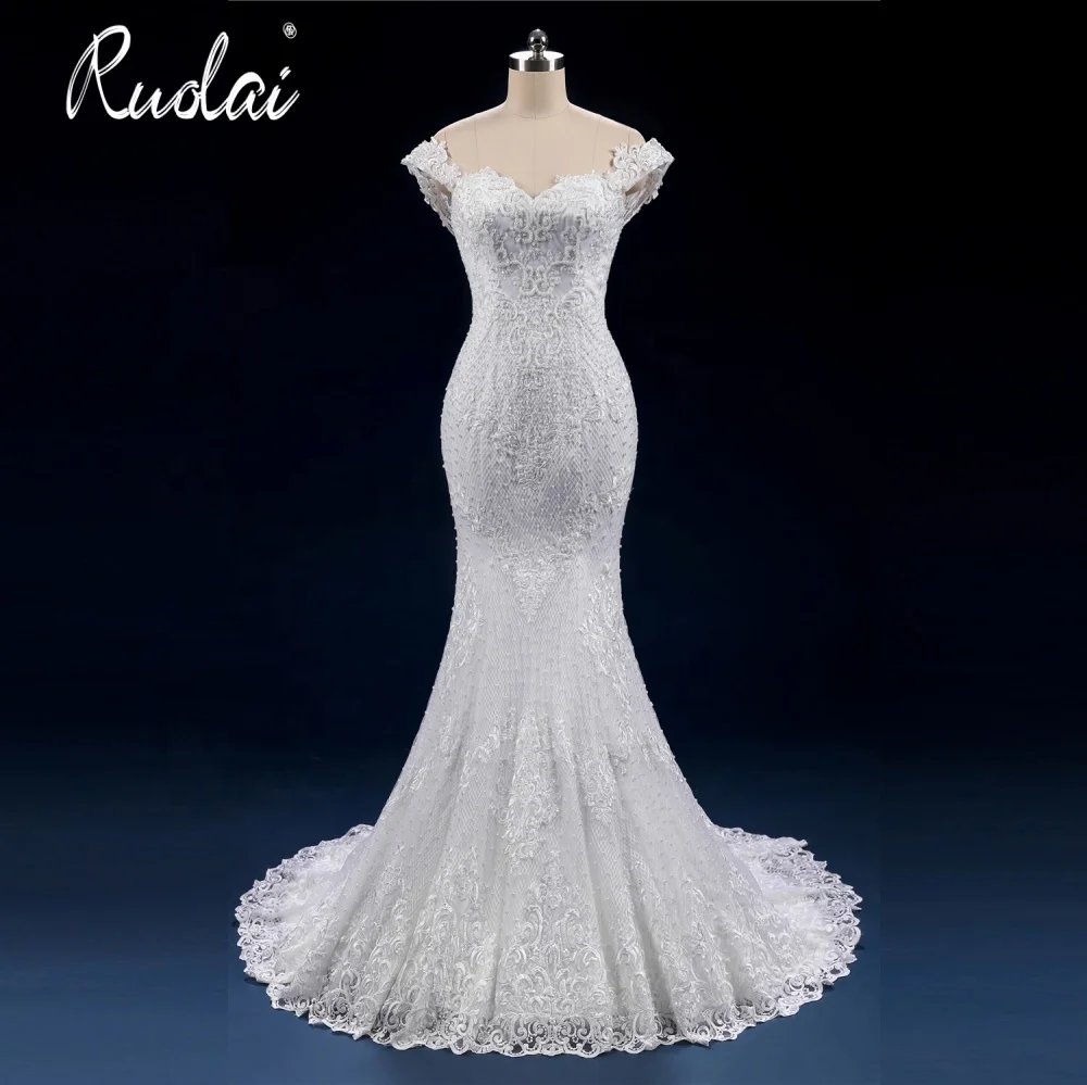 PWD-H1081 Luxury Crystal and pearls Applique Bridal Mermaid Off Shoulder Wedding Dresses