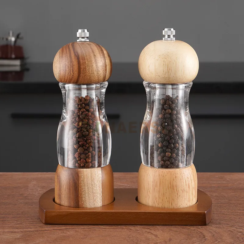 Factory Price  kitchen supplies wooden manual pepper grinder spice mill salt and pepper grinder set pepper mill for kitchen