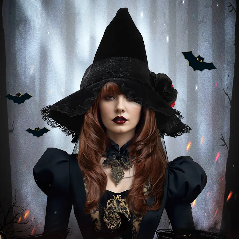 New Halloween Baroque Witch Hat Gothic Queen Women Mesh Artificial Flower Dress Accessories Witch Hat