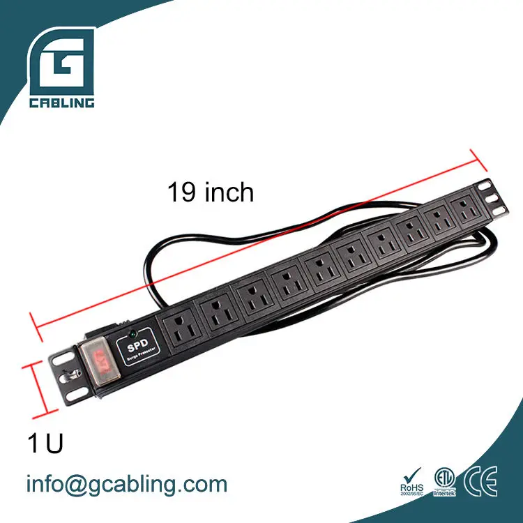 Gcabling 10 way Amertica PDU power distribution unit Amertica socket rack mount 110V 15A 10 port USA socket