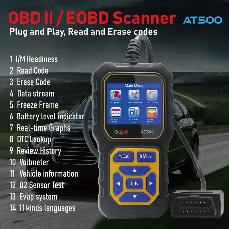 OBD2 прибор для обнаружения транспортных средств AT500 OBD II сканер O2 тестовый датчик 11 видов считыватель кода языка ISO9141/KWP2000 протоколы