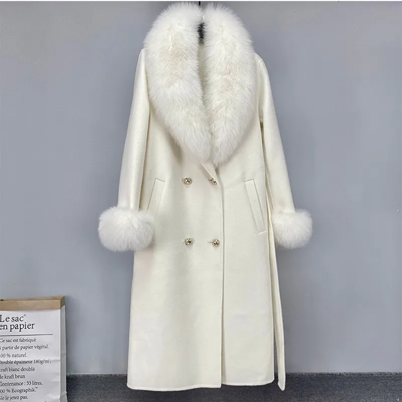 Double Faced Wool Coat With Fur Winter Real Fox Fur Collar Long Plus Size Ladies Handmade Women Cashmere Wool Coat For Women