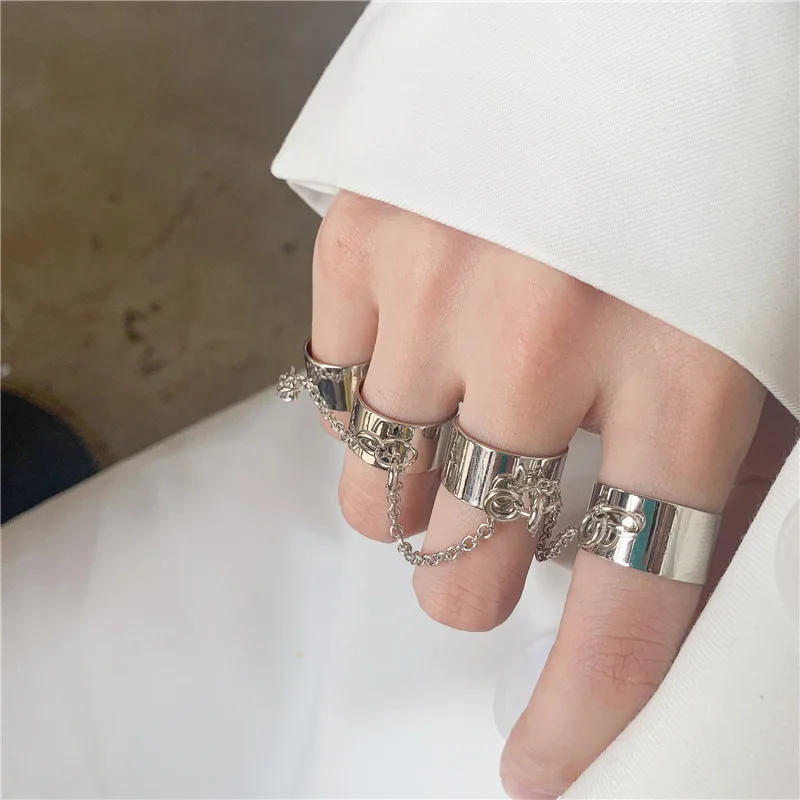 Punk Cool Hip Pop Butterfly Cross Rings Multi-layer Adjustable Chain Four Open Finger Alloy Women Rotation Rings