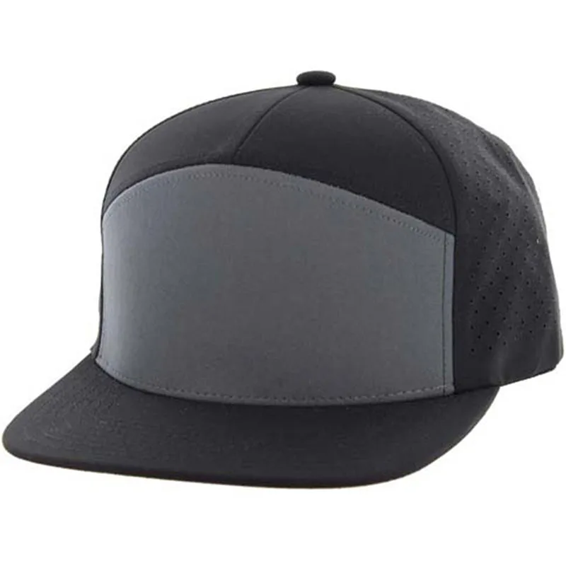 Custom High Quality Plain Rubber Pvc Patch Men Luxury 7 Panel Flat Brim Laser Cut Hole Perforated Hat, Hip Hop Snapback Caps