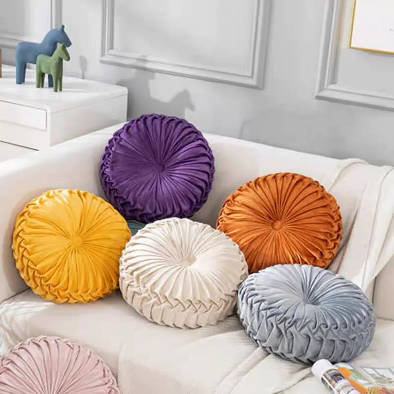 Decorative Round Throw Pillow Handcrafted Pumpkin Velvet Floor Pillow Chair Soft Cushion for Kids Chair Couch