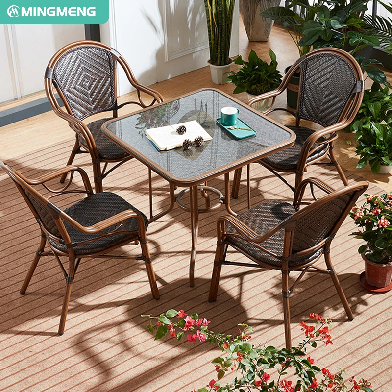 Modern French Dining Rattan Furniture Outdoor Garden Cafe Table and Chair Set for Park Hotel