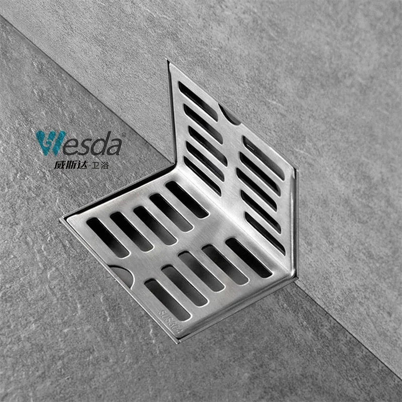 WESDA Balcony Horizontal Drainage L Shaped Anti Rust Shower Floor Drain Stainless Steel Corner Side Wall Drain