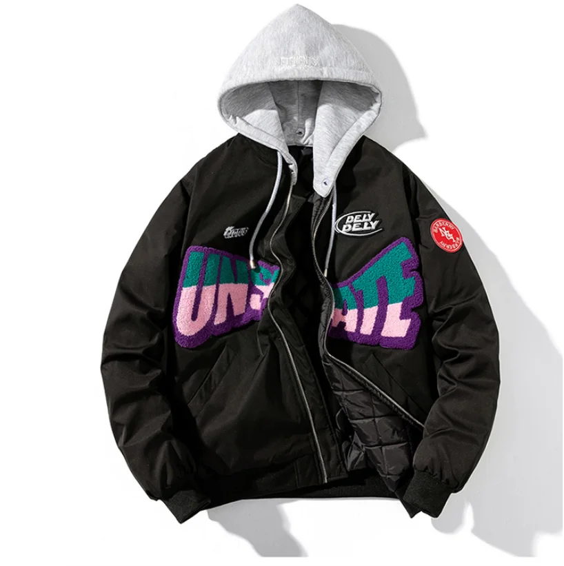OEM Custom Mens Winter Patch Work Bomber Jacket Towel Embroidery Streetwear Letterman Varsity Puff Men Jacket Bomber