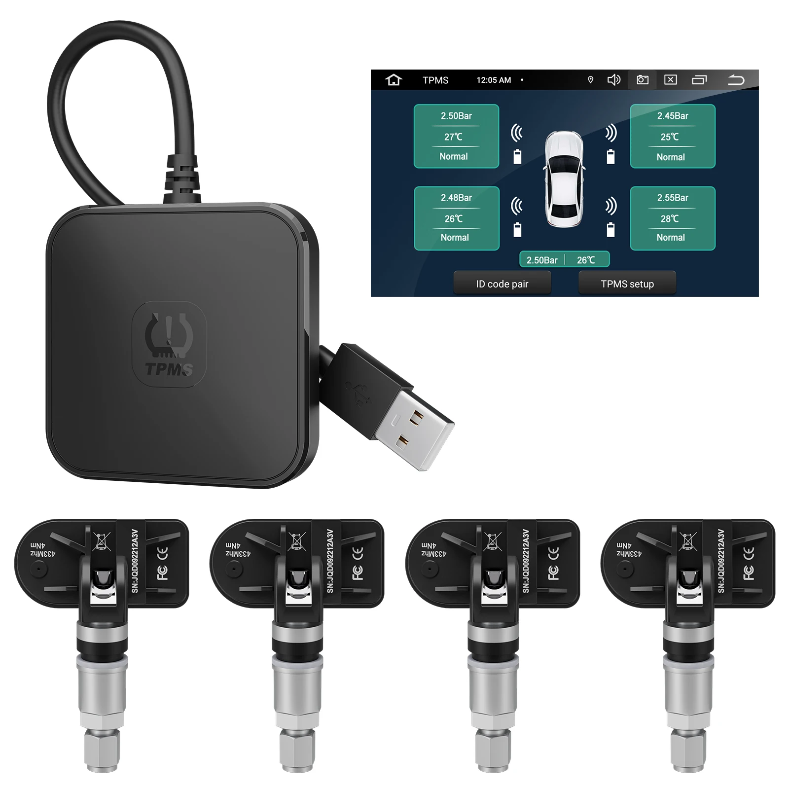 Car TPMS tire pressure gauge internal sensor for Android head unit TPMS tire pressure monitoring system 8 bar 116 psi USB TPMS