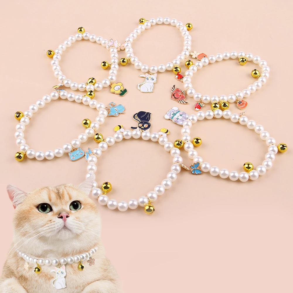 New pet bell pearl collar dress up cat pearl necklace accessories small and medium-sized dog collar