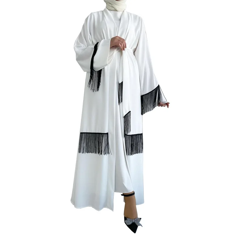 Custom Open Abaya Muslim Women Dress Turkey  Femmes Kimono Robes White Chiffon Abaya With Tassel