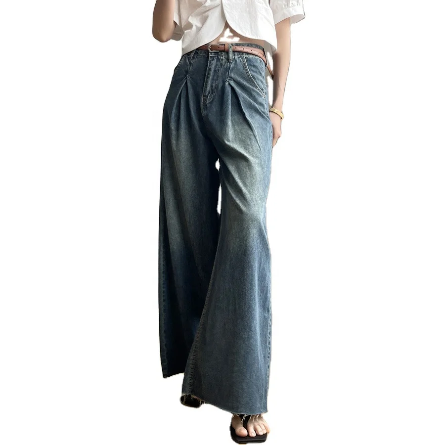 Retro washed wide leg jeans for women with spring and autumn design, super wide and slim long pants that drag the floor