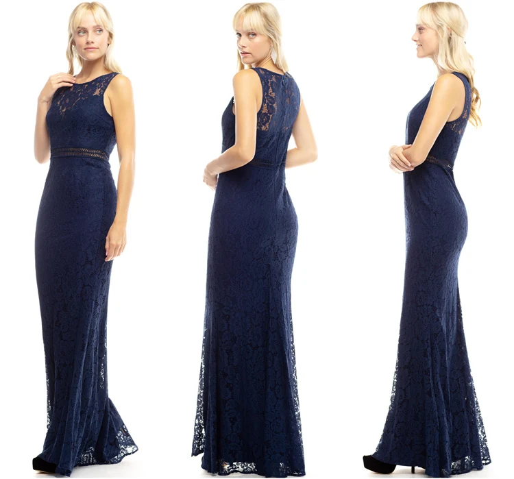 
Latest design o collar classic hollow out navy blue bridesmaid dress lace fishtail  (1600114506364)