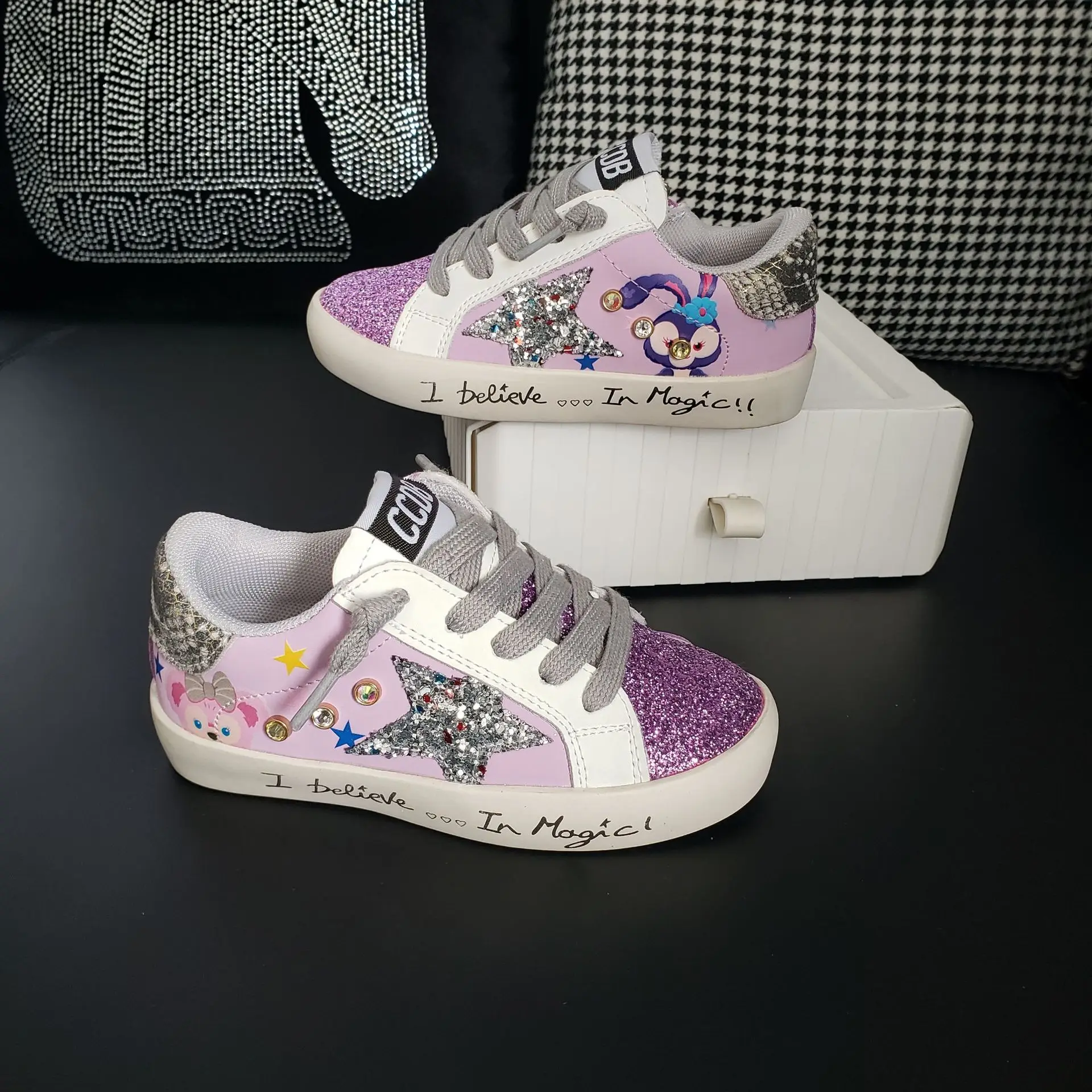 Rock Star Bunny Sneaker Purple Sparkle Glitter Sneaker With Star and Graffiti Funky Fairy Low Top Trainers