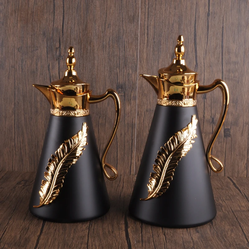 NEW DESIGN 0.7L 1L Vacuum Insulated BLACK Gold Hot Water Tea Arabic Coffee POT DALLAH Flask