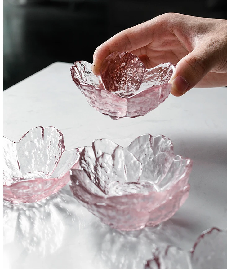 Japanese style hammered glass cherry blossom dish creative pink household seasoning sauce soy sauce dish bowl tableware set