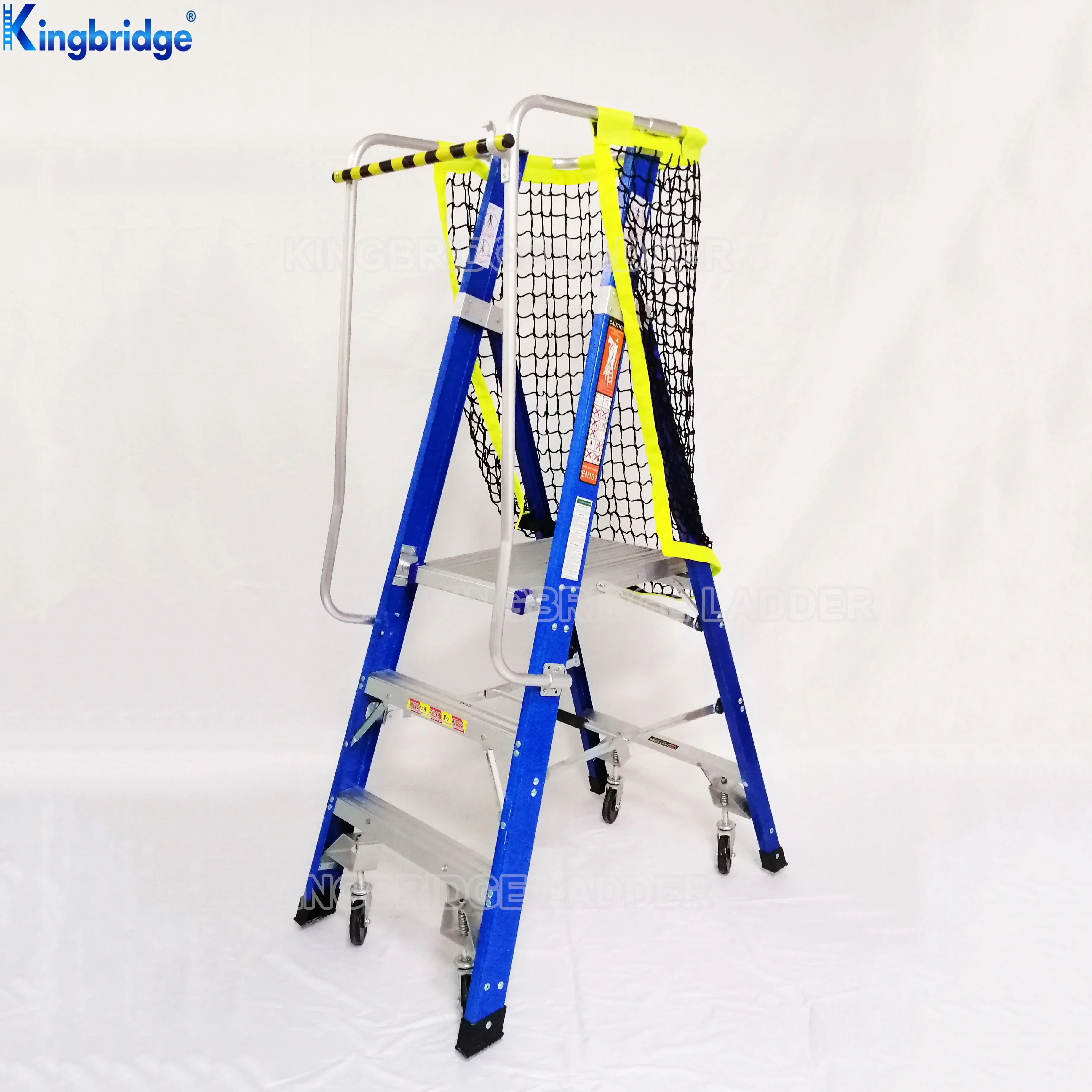 High Strength Fiberglass Mobile Platform 5 Step Warehouse Ladder With Wheels Safety Frame System