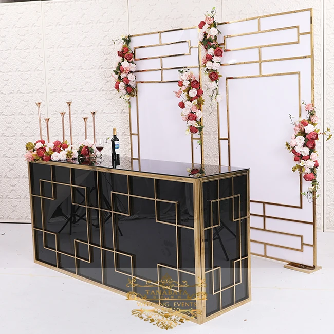 Event style stainless steel gold frame wedding cocktail bar counter