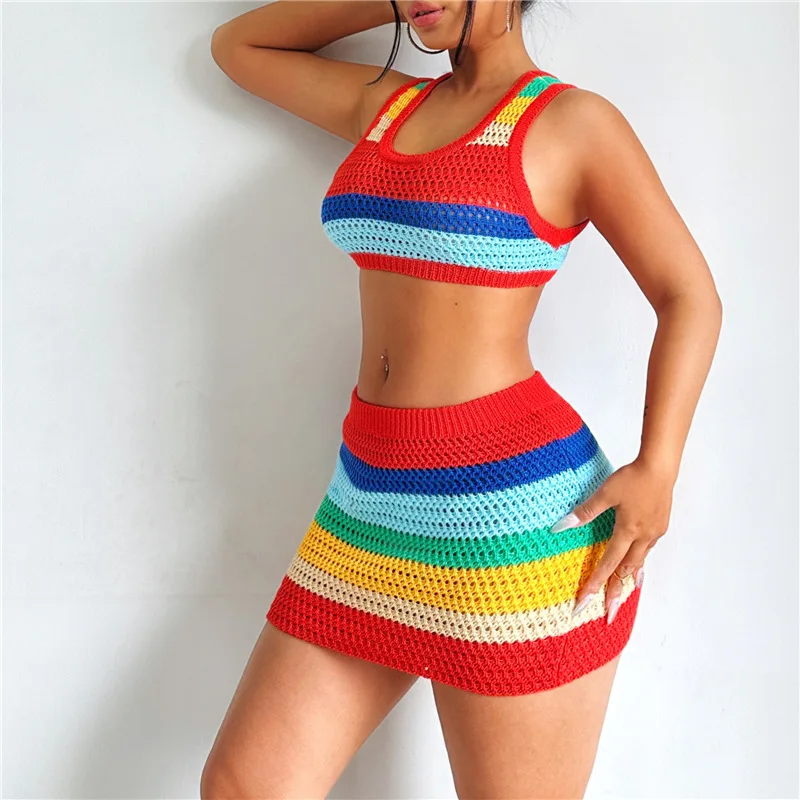 Night Club Party Fashion Multicolor Mini Dress For Women Casual Rainbow Color Dress Hand Knit Crochet Dress