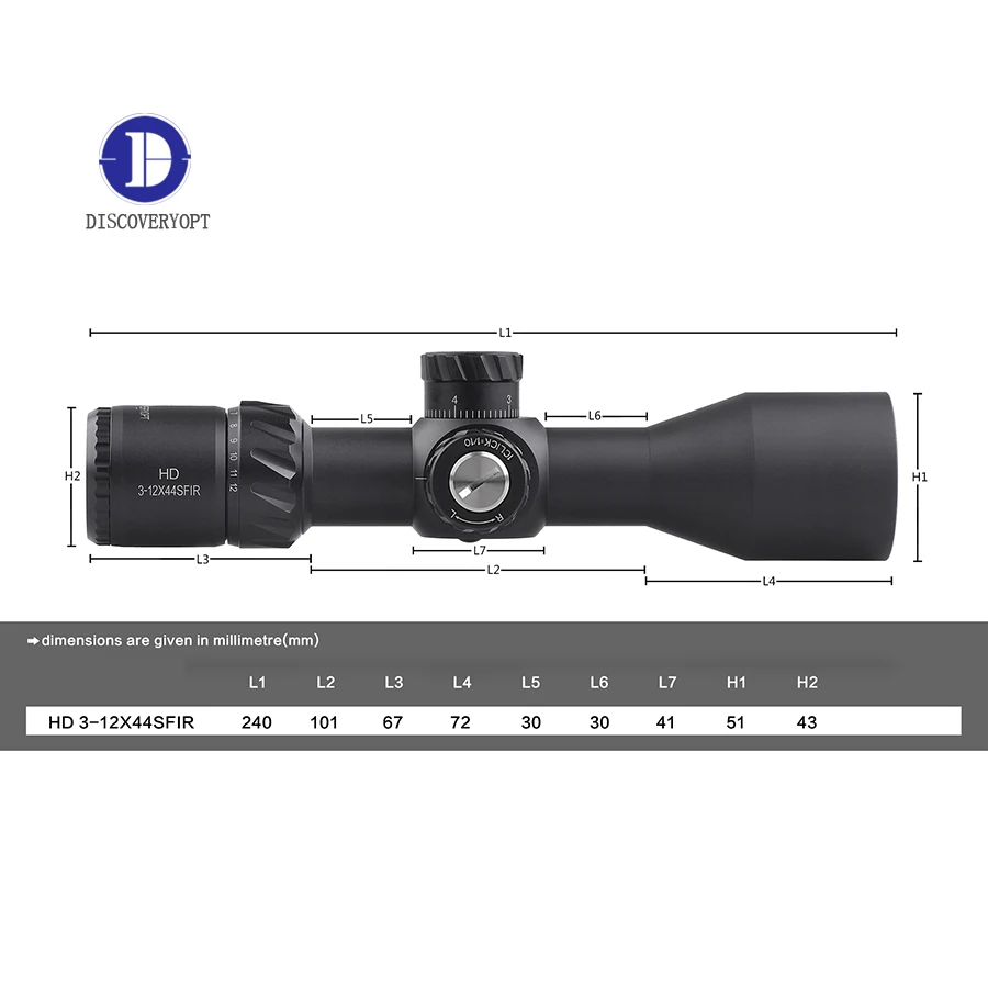 Discovery Optics Scope 3-12 FFP Ultra Short 240mm Optical Scope with 1/10 1cm Adjust with 10 Yards Side Focus Scopes
