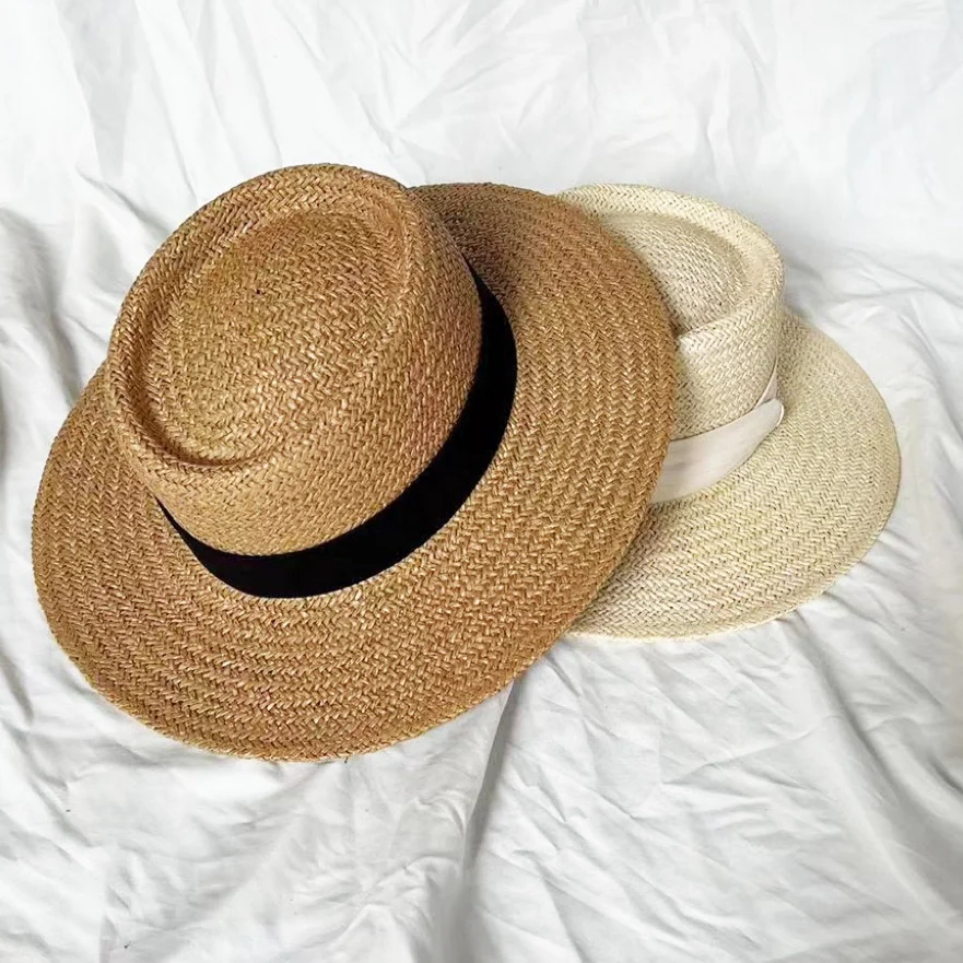 Custom 2024 Hot Sale  Vintage Women Summer Telescope  Boater Beach Sun Hat Hand Weave Paper Straw Hat with Cotton Ribbon