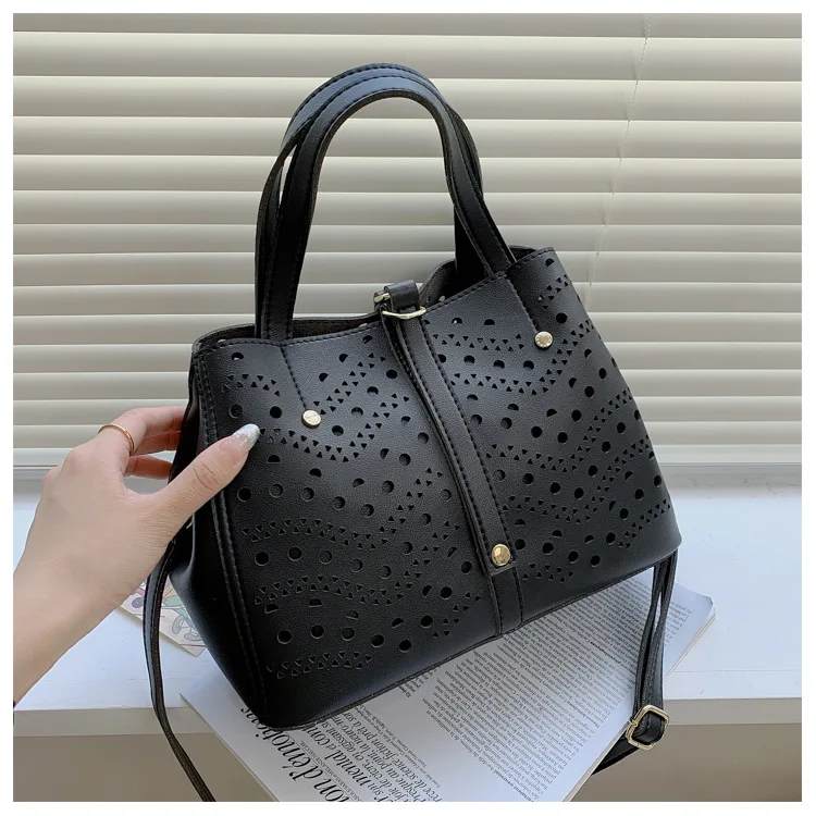 Fashion Summer Women Hollow Out Casual Tote Lady Composite Handbag Black White Shoulder Bag Plain Handbag