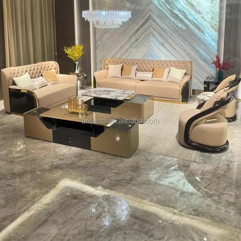 Italian Modern Luxury High Quality Gold Stainless Steel Imitation Leather Sectional Sofas for Hotel Living Room Furniture Sets